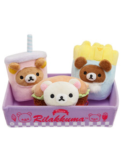 เซ็ตตุ๊กตา Rilakkuma Hamburger Plush Set (Fast Food Series) เป็นตุ๊กตา 3 ตัวในถาดสีม่วงน่ารัก