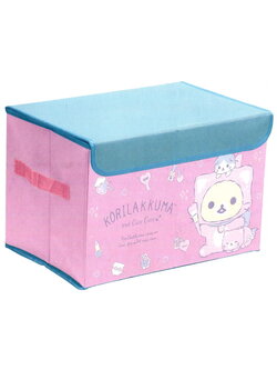 กล่องใส่ของพับได้ Korilakkuma and Cute Cats Storage Box สีชมพูฟ้า ขนาด 26 x 38 x 26 ซม. เป็นโครงไม้หุ้มผ้า