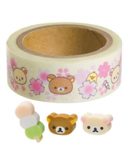 Chara Tape ลาย Rilakkuma Sakura สีครีม ขนาด 1.5 ซม. x 5 ม. มาพร้อมยางลบเล็ก 3 ก้อน