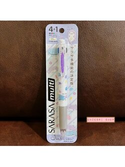 ปากกาหมึกเจล Sarasa Multi 4+1 เป็นปากกาหมึก 4 สี (ดำ แดง น้ำเงิน เขียว) และดินสอกดในแท่งเดียวกัน ลาย Jinbesan & Same-San