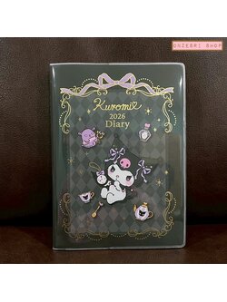 สมุด 2026 Schedule Book เล่มหนา B6 ลาย Kuromi สีดำ ขนาด 13.5 x 18.7 x 1.3 ซม. (192 หน้า) มีให้จดตั้งแต่เดือน 10/2025 - 3/2027 เป็นปฎิทินแบบ monthly & weekly แบบช่อง มี sticker