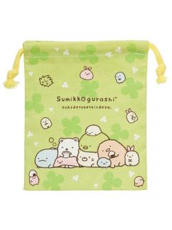 ถุงผ้ารูดเชือกใบเล็ก ลาย Sumikko Gurashi สีเขียว ขนาด 19 x 15.5 x 8 ซม.
