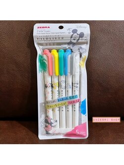 ปากกาไฮไลต์ Zebra Mildliner 5 Colors Set ลาย Disney มี 5 สีในเซ็ต ตรงด้ามเป็นลายน่ารัก สี Mild Coral Pink, Mild Lemon Yellow, Mild Grey, Mild Summer Green, Mild Jean