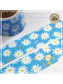 Masking Tape เทปตกแต่งจากญี่ปุ่น snih+delfonics 10th Anniverary ลายพิเศษ ลายดอกไม้สีฟ้า ขนาด 2.5 ซม. x 5 ม.