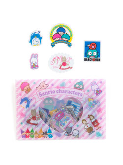Sticker รวม Sanrio ยุค 80 ขนาด 11 x 7.2 x 0.4 ซม. เป็นแบบฟอยล์ทอง มีเคสใส่ สีชมพู รวม 45 ชิ้น