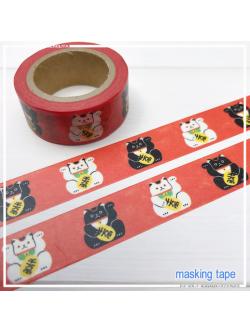 Masking Tape เทปตกแต่งจากญี่ปุ่น Nippon Ippai Washi Tape ลายแมวกวักนำโชค สีแดง ขนาด 1.5 ซม. x 7 ม.