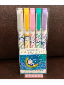 ปากกาไฮไลต์ Zebra Mildliner 5 Colors Set ลาย Doraemon สีฟ้า มี 5 สีในเซ็ต ตรงด้ามเป็นลายน่ารัก สี Mild Grey, Mild Gold, Mild Pink, Mild Summer Green, Mild Violet