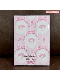 สมุด 2026 Schedule Book เล่มหนา B6 ลาย My Melody Ribbon สีชมพู ขนาด 13.5 x 18.7 x 1.3 ซม. (192 หน้า) มีให้จดตั้งแต่เดือน 10/2025 - 3/2027 เป็นปฎิทินแบบ monthly & weekly แบบช่องยาว มี sticker