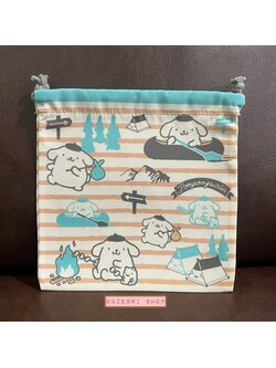 ถุงผ้ารูดเชือก Pompompurin Camping สีครีมฟ้าลายทาง ขนาด 19 x 19 ซม.