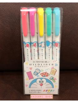 ปากกาไฮไลต์ Zebra Mildliner 5 Colors Set ลาย Doraemon สีขาว มี 5 สีในเซ็ต ตรงด้ามเป็นลายน่ารัก สี Mild Coral Pink, Mild Fuchsia, Mild Lemon Yellow, Mild Blue Green, Mild Blue