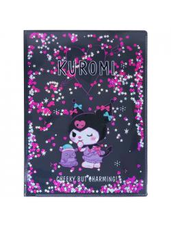 แฟ้ม A4 ลาย Kuromi ด้านหน้าเป็นแบบวิ้ง ๆ สวยมาก แยกใส่เอกสารได้ 2 ช่อง แบบ pocket ซ้าย-ขวา