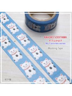 Masking Tape จากญี่ปุ่น ลาย Kahoko Sodeyama แมวกวัก Maneki Neko สีน้ำเงิน ขนาด 1.5 ซม. x 7 ม.