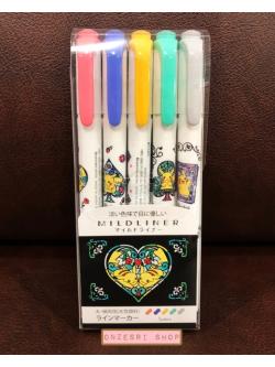 ปากกาไฮไลต์ Zebra Mildliner 5 Colors Set ลาย Pikachu หัวใจสีดำ มี 5 สีในเซ็ต ตรงด้ามเป็นลายน่ารัก สี Mild Coral Pink, Mild Lavender, Mild Gold, Mild Blue Green, Mild Grey