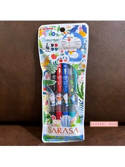 Set ปากกา Zebra Sarasa Clip จากญี่ปุ่น ลาย Doraemon Forest สีขาว หัว 0.5 รวม 4 แท่ง หมึกสี Black, Red, Cobalt Blue, Blue Green