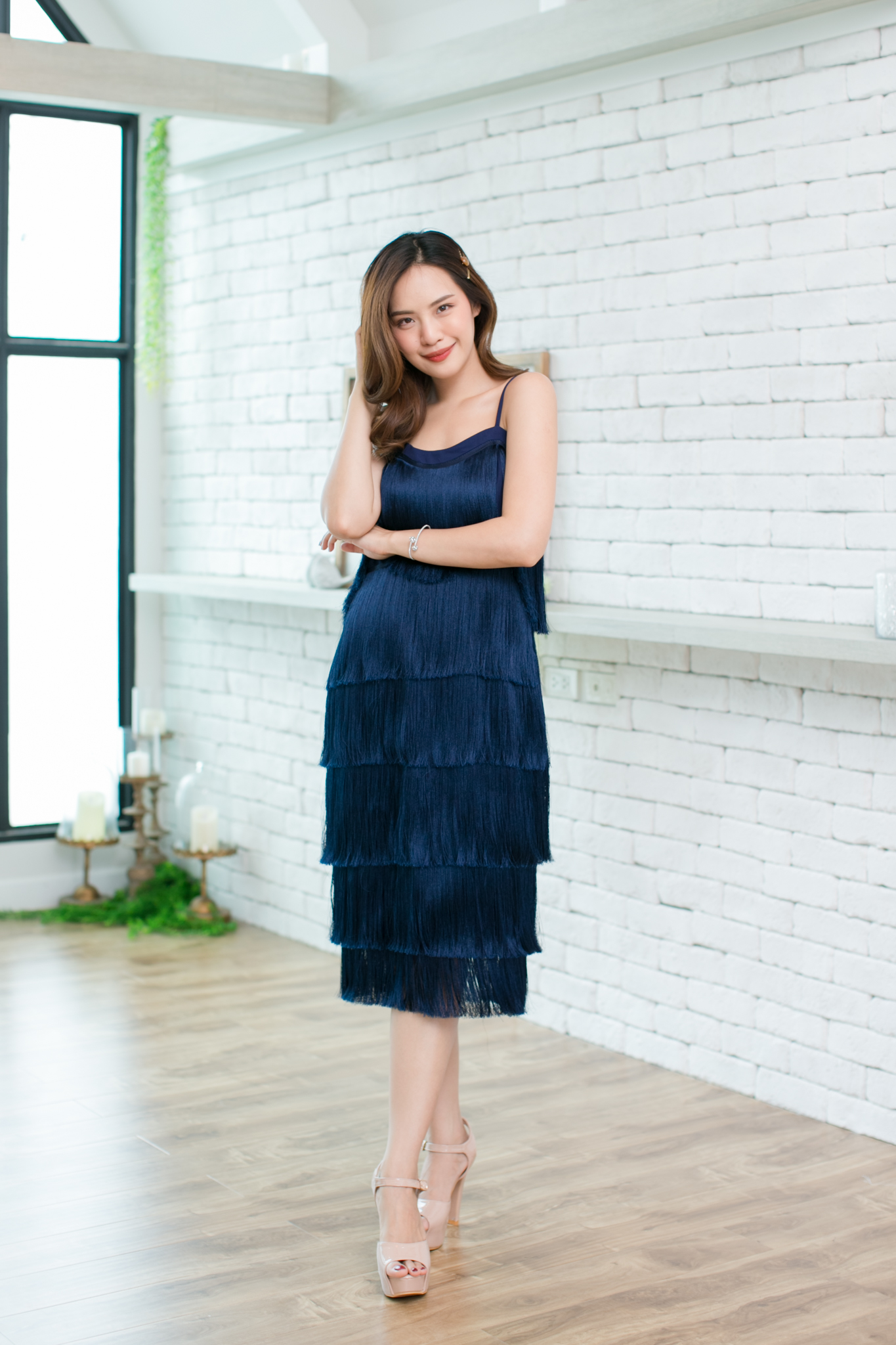 Gastby Fringe Dress : Navy สีกรม
