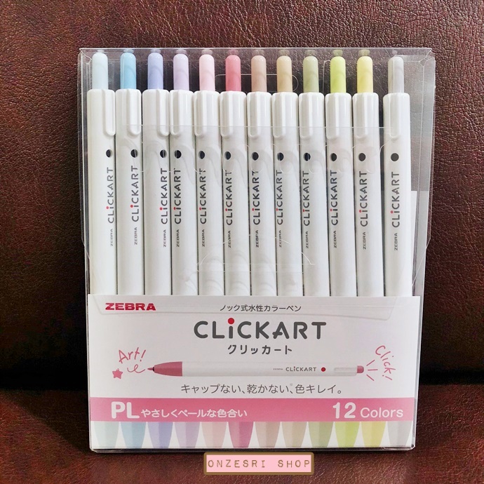 ปากกาสี Zebra CLICKART เซ็ต 12 สี แบบ Pale Tone (PL) เป็นสีโทนอ่อนแบบพาสเทลหวาน ๆ หัว 0.6 mm ใช้สะดวกมาก ไม่เลอะ ไม่กินสีอื่น