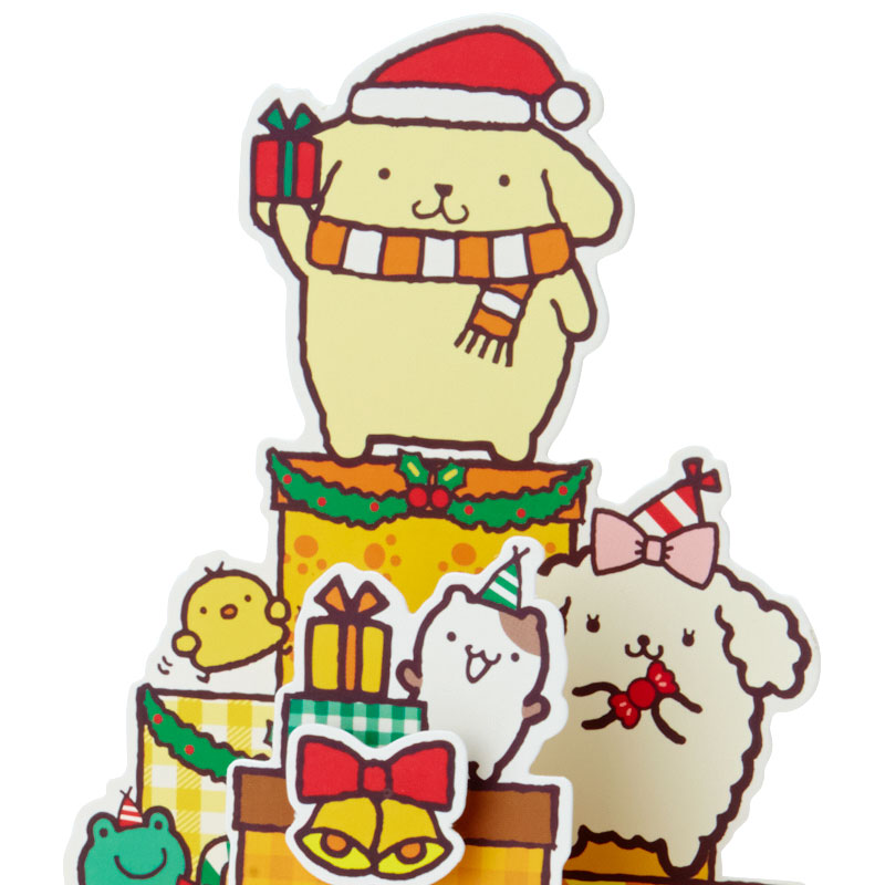 Sanrio Christmas Pop Up Card From Japan การ์ดอวยพรลาย Pompompurin กางออกมาเป็นต้นคริสต์มาสได้น่ารัก ขนาด 18.8 x 13 x 7.2 ซม.