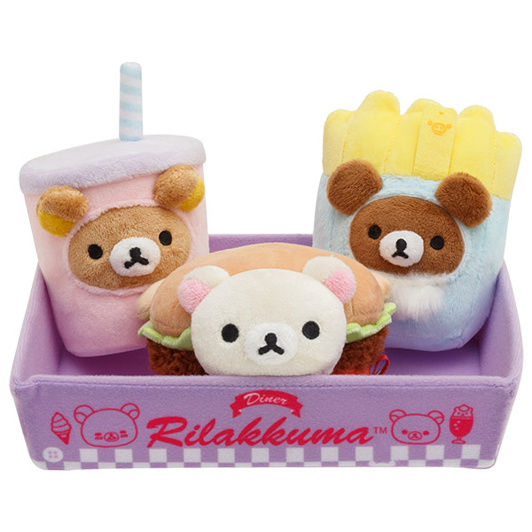 เซ็ตตุ๊กตา Rilakkuma Hamburger Plush Set (Fast Food Series) เป็นตุ๊กตา 3 ตัวในถาดสีม่วงน่ารัก