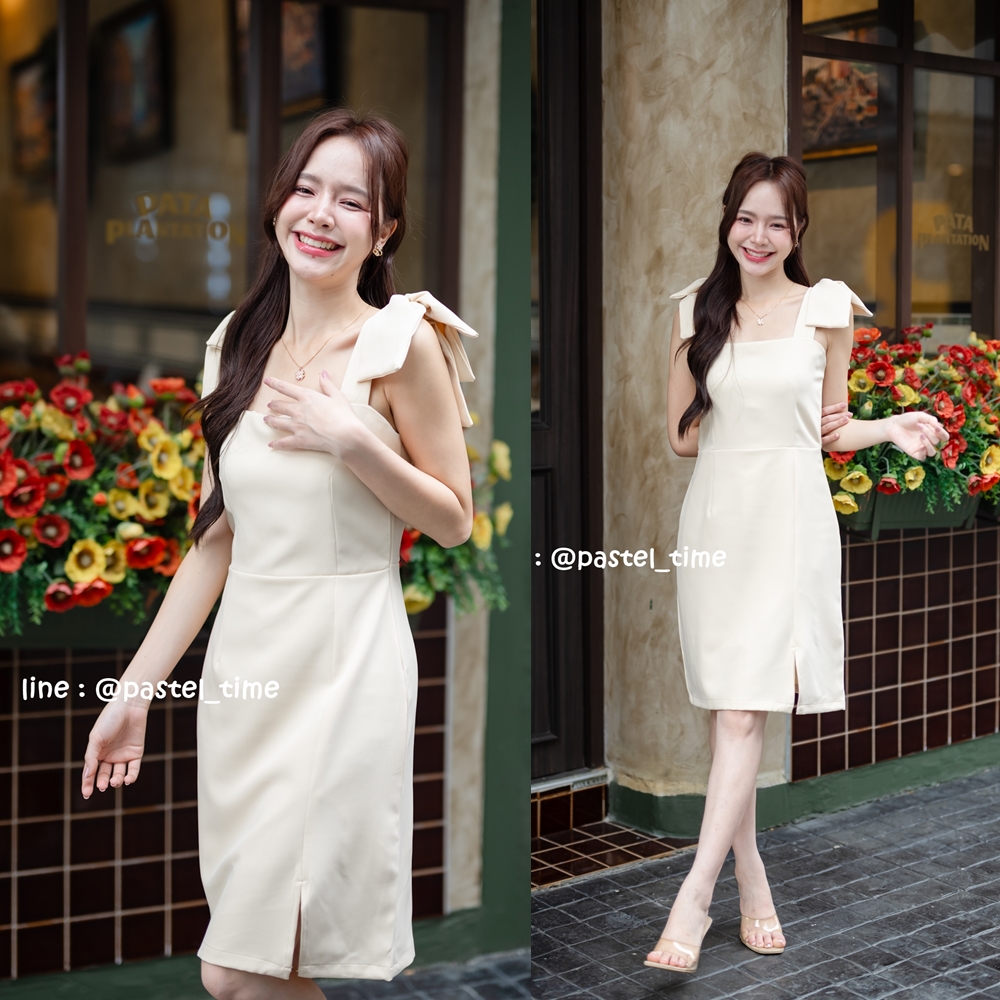Maggie Double Bow Dress : สีครีม [Made by Pastel Time]