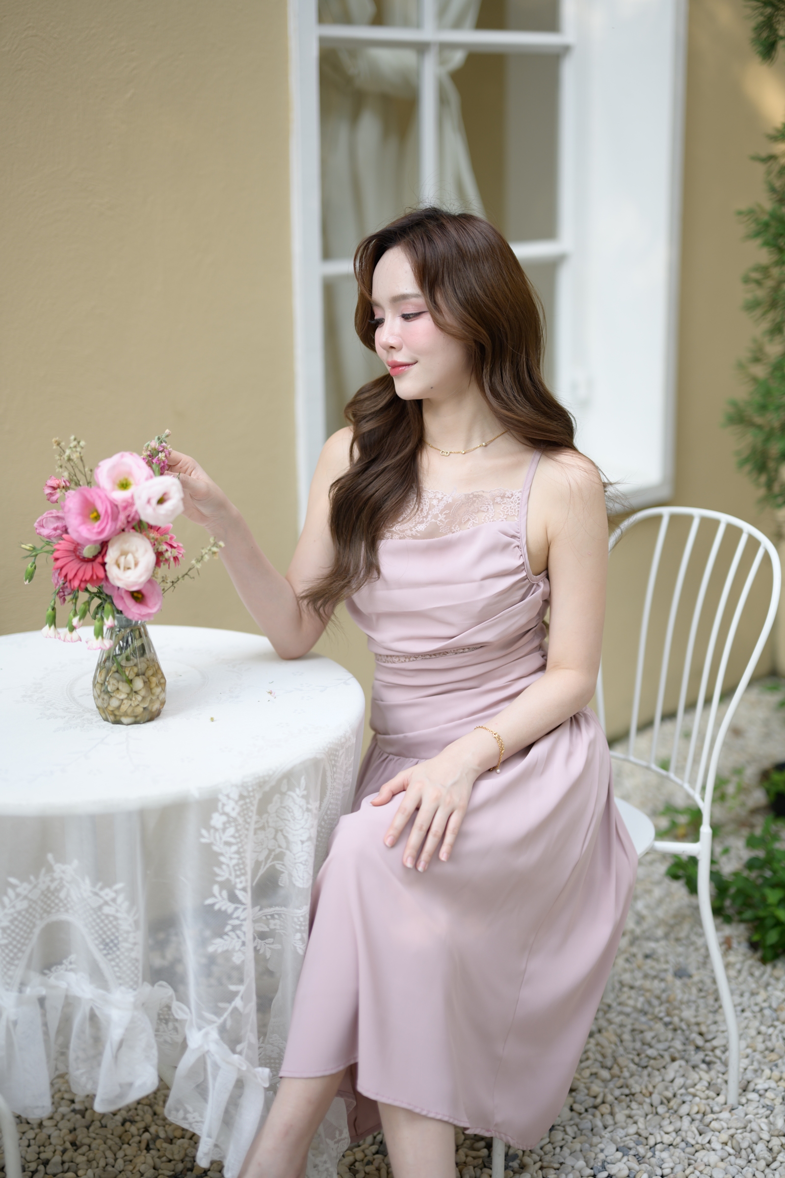 Elise Draped Lace Midi Dress : สีชมพู [Made by Pastel Time]