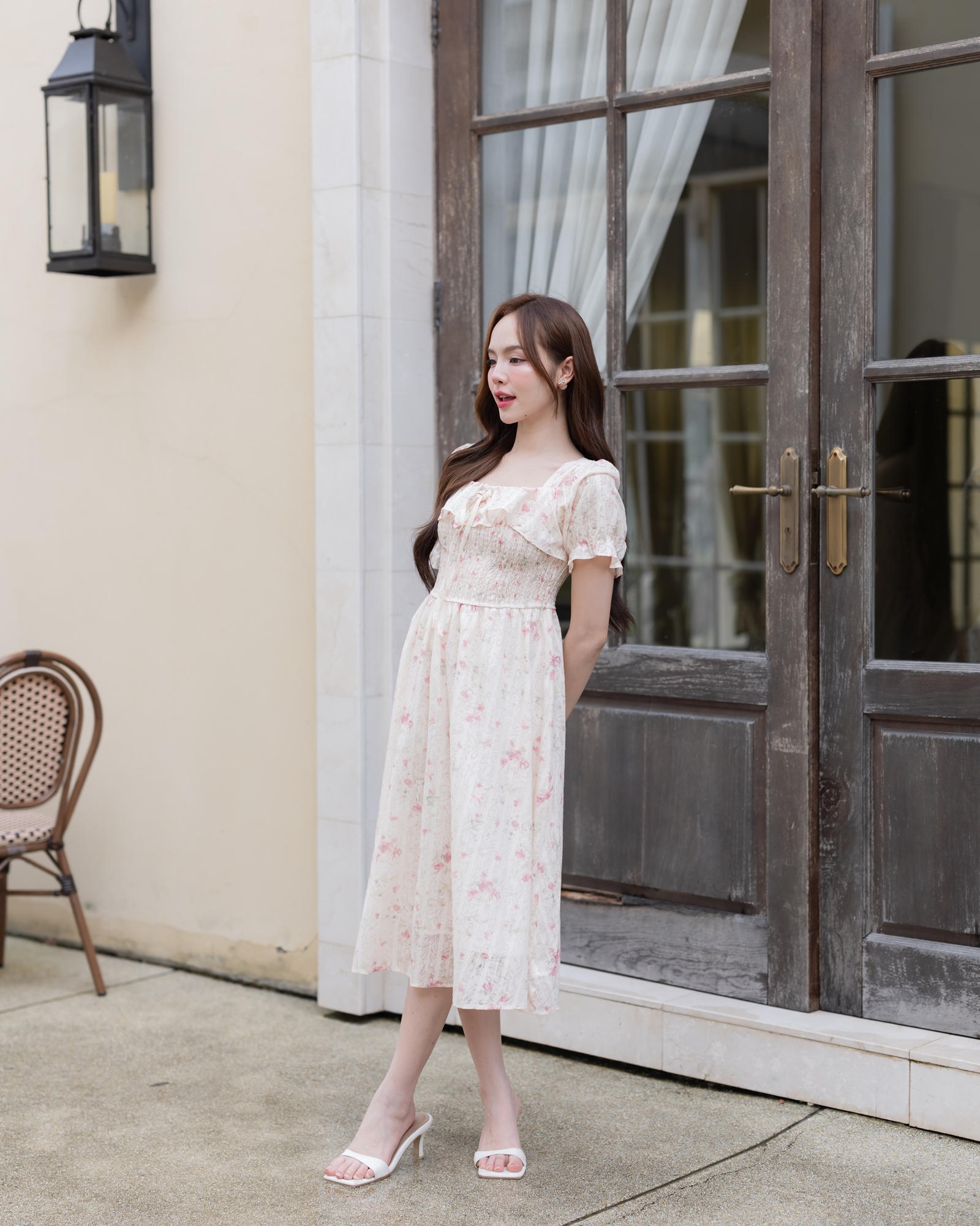 Florence Vintage Dress : ลายดอกไม้สีชมพู