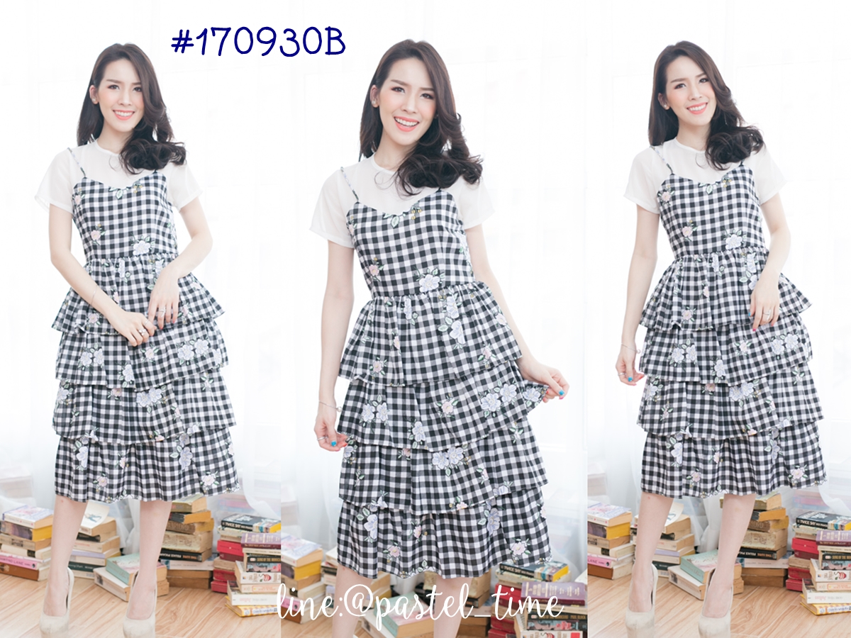 4-Layer Dress : ลายตารางใหญ่+ดอกไม้