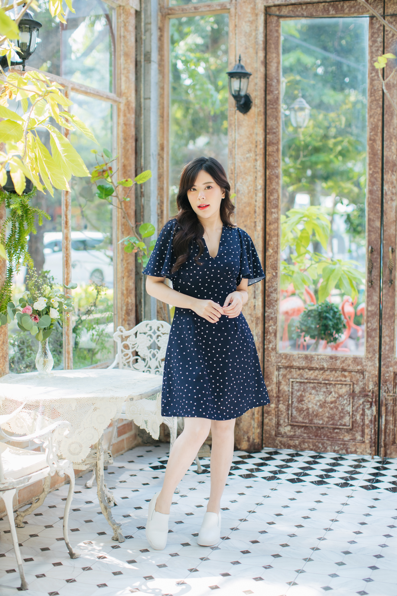 Beaute Polka Dot Dress – สีกรมจุดขาว