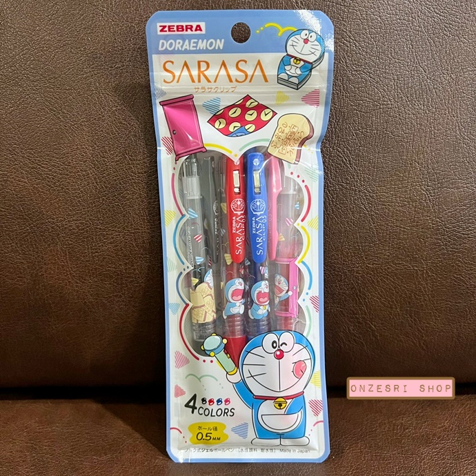 Set ปากกา Zebra Sarasa Clip จากญี่ปุ่น ลาย Doraemon สีขาว หัว 0.5 รวม 4 แท่ง หมึกสี Dark Grey, Red, Pale Blue, Pink