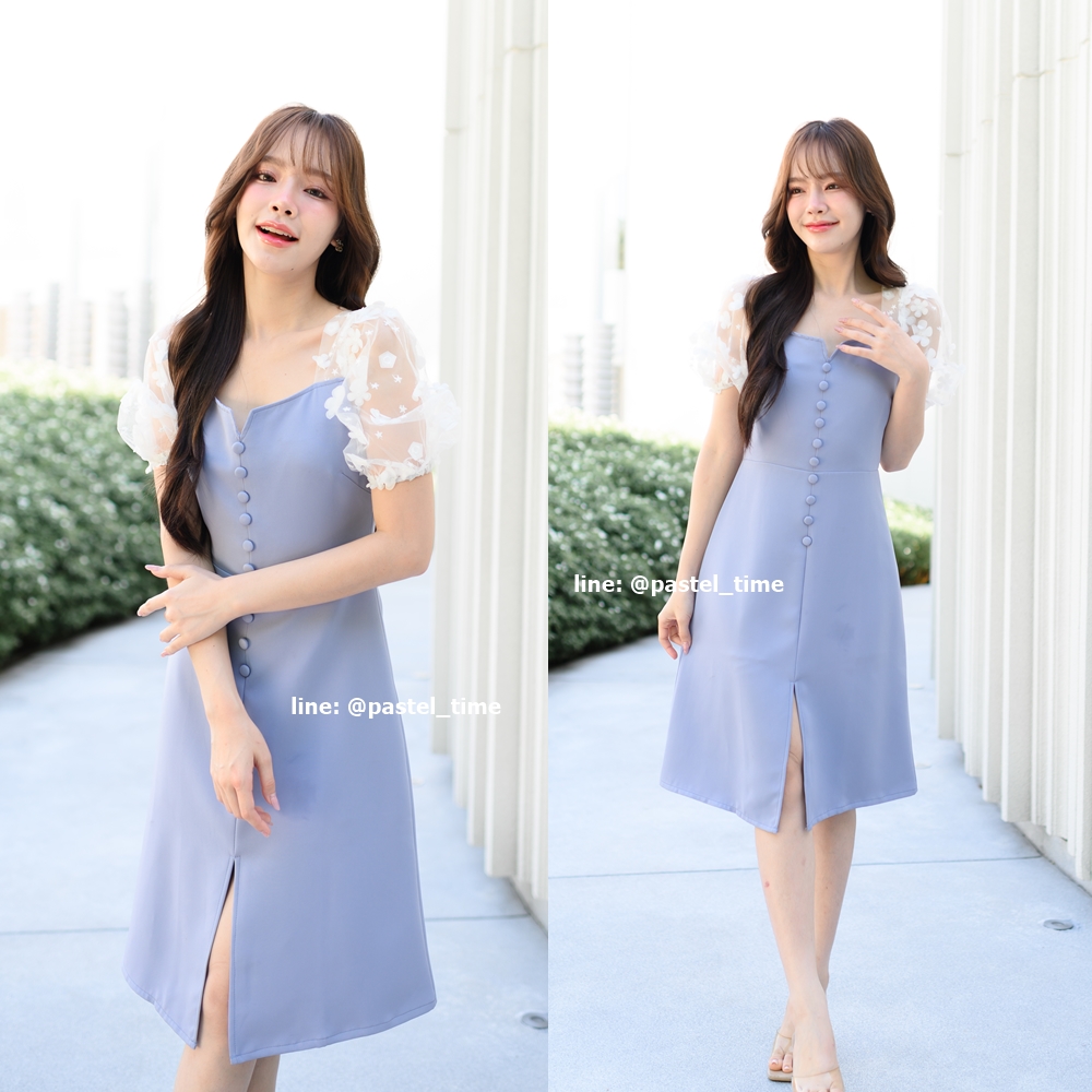 Eve - 3D Floret Midi Dress : สีฟ้าคราม [Made by Pastel Time]