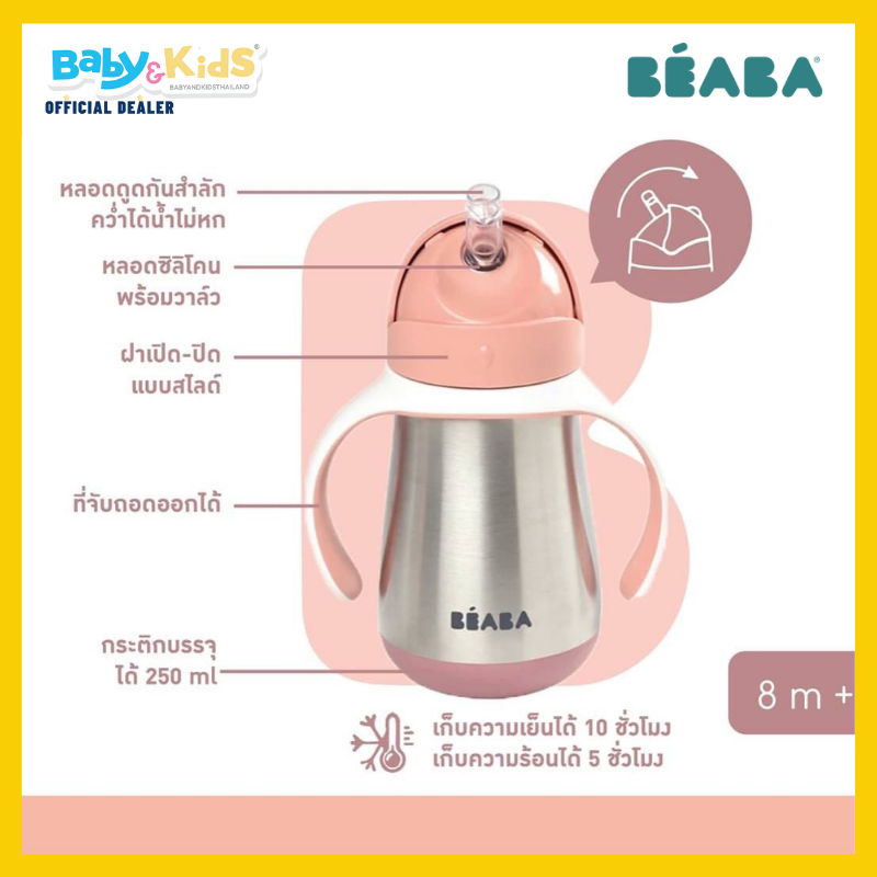 BEABA กระติกน้ำหัดดื่ม Stainless Steel Straw Cup with Handles 250ml - Vintage Pink
