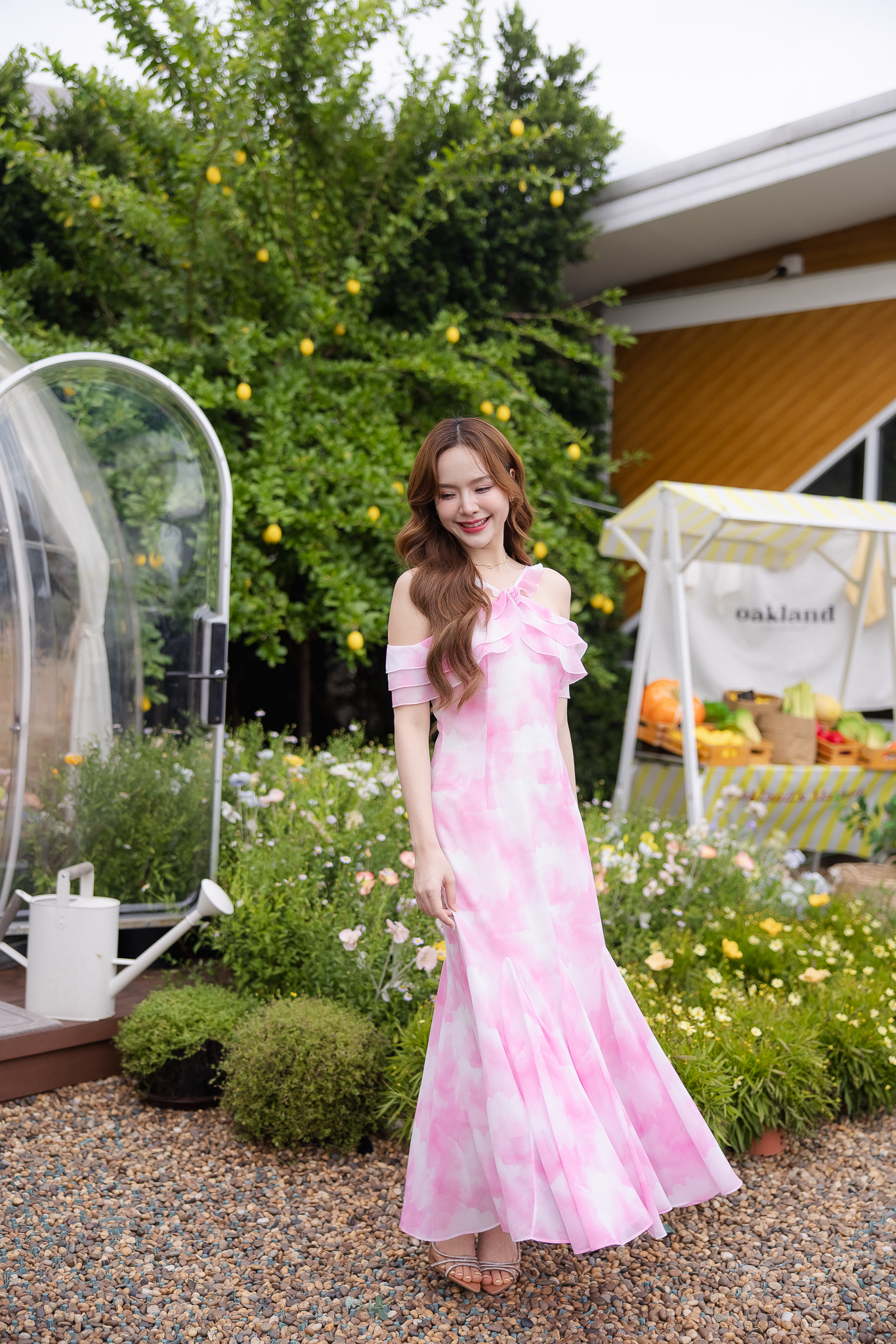 Pink Cloudy Off-Shoulder Maxi Dress ลายเมฆชมพู