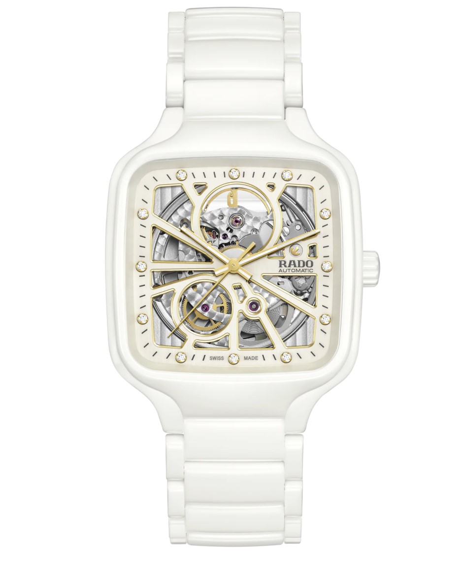 (ประกันศูนย์ไทย 2 ปี) RADO TRUE SQUARE AUTOMATIC OPEN HEART รุ่น R27073702 ตัวเรือนไฮเทค เซรามิค สีขาว หน้าเพชร