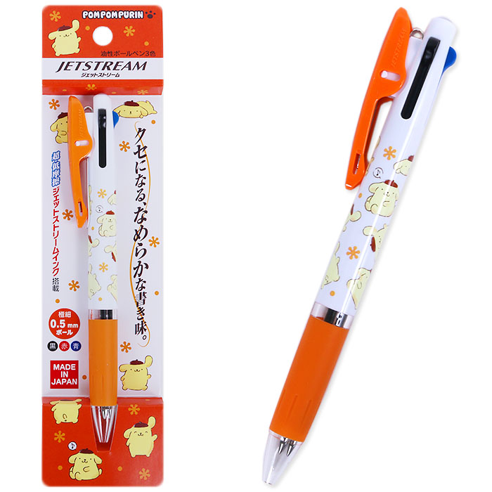 ปากกา Sanrio Jetstream 0.5 ลาย Pompompurin สีขาวส้ม หมึกมี 3 สี แดง ดำ น้ำเงิน ตรงที่เสียบเป็นแบบคลิป ติดแน่น