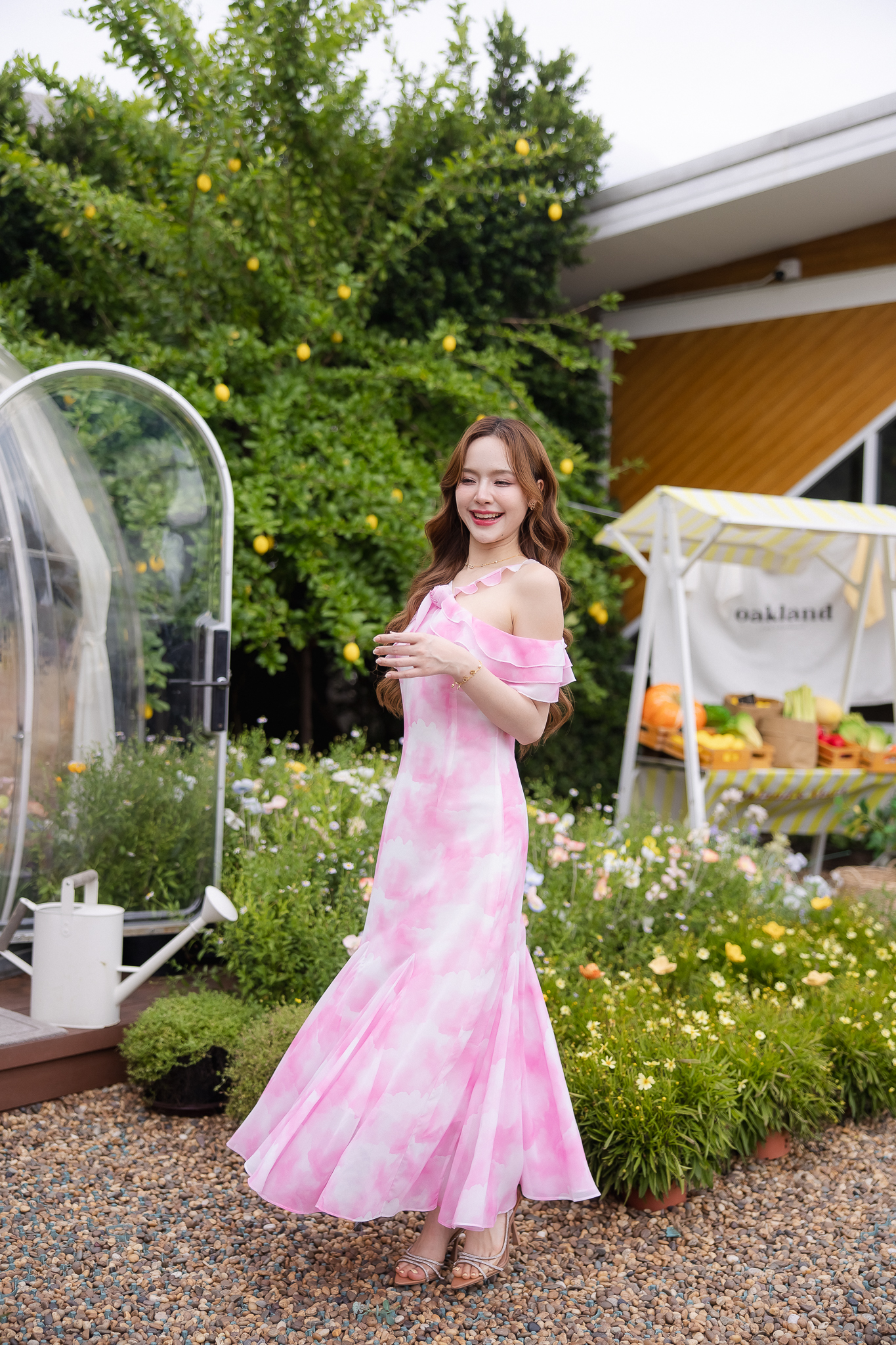 Pink Cloudy Off-Shoulder Maxi Dress ลายเมฆชมพู