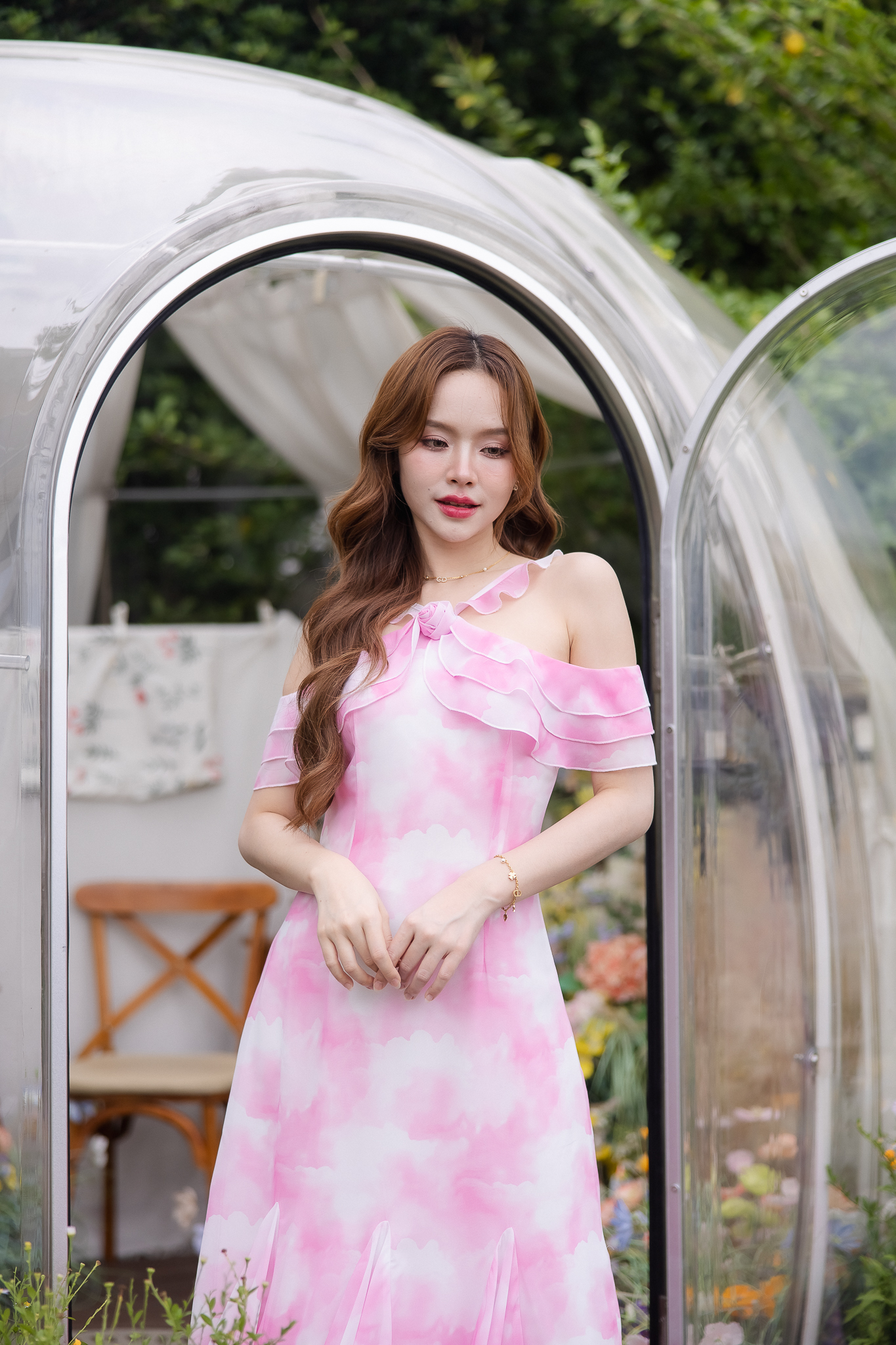 Pink Cloudy Off-Shoulder Maxi Dress ลายเมฆชมพู