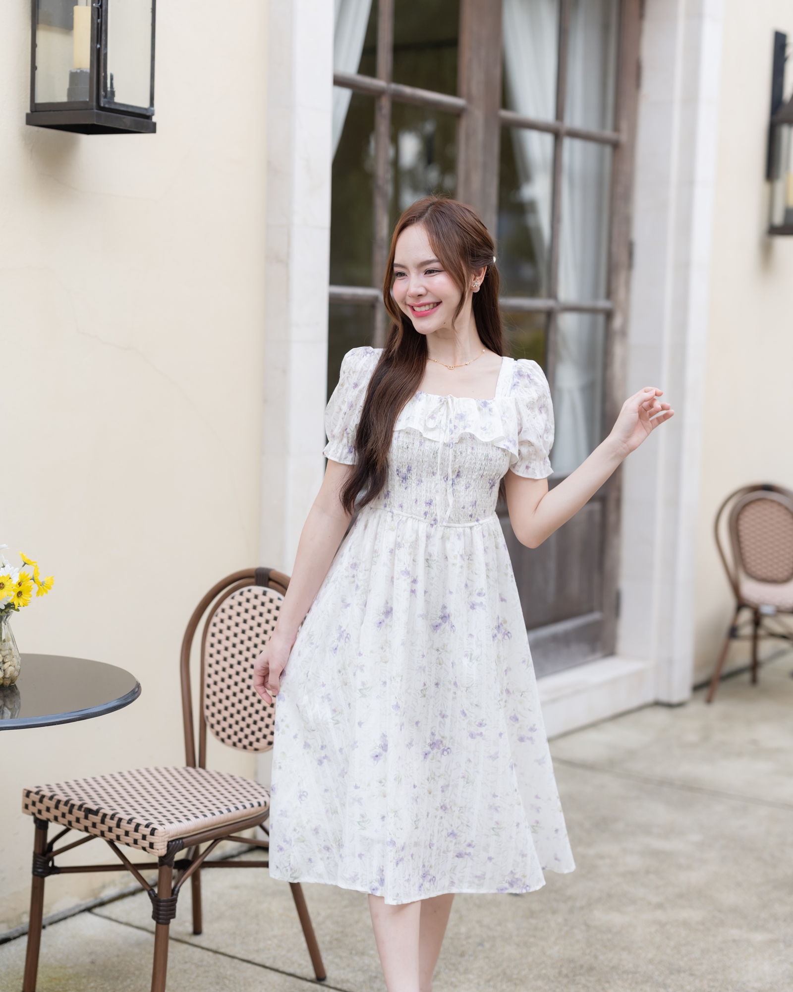 Florence Vintage Dress : ลายดอกไม้สีม่วง