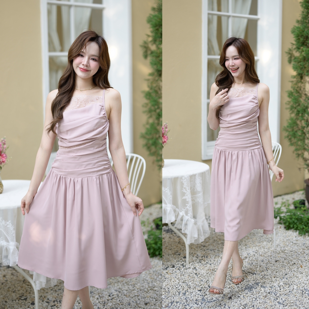 Elise Draped Lace Midi Dress : สีชมพู [Made by Pastel Time]
