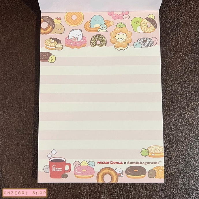 สมุดฉีก Sumikko Gurashi x Mister Donut แบบลายสีขาว ขนาด 14.8 x 10.5 ซม. มี 4 ลาย รวม 100 แผ่น
