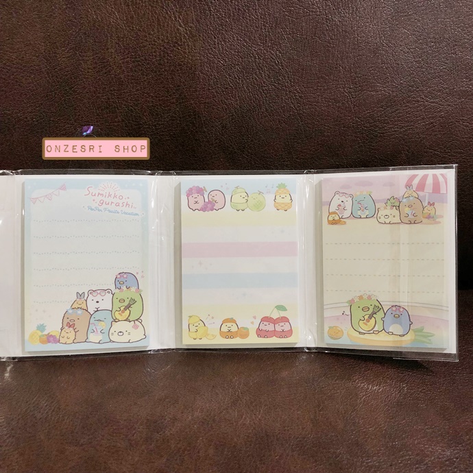กระดาษโน้ต Memo แบบเล่มลาย Sumikko Gurashi Pen Pen Fruits Vacation สีฟ้า มียางลบเล็ก 6 ก้อน ขนาด 9 x 7 x 1.8 ซม. กระดาษมี 6 ลาย รวม 120 แผ่น