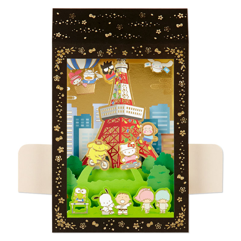 Sanrio Card - Pop up ลาย Sanrio - Sporty at Tokyo Tower (Japan Limited) ใบใหญ่ เป็นแบบรวมชาว Sanrio เล่นกีฬา บรรยากาศแบบญี่ปุ่น ตรงขอบเป็นสีทอง ด้านหลังเขียนได้ มาพร้อมซองลายน่ารัก ขนาดก่อนกาง 13.5 x 0.5 x 22.6 ซม.