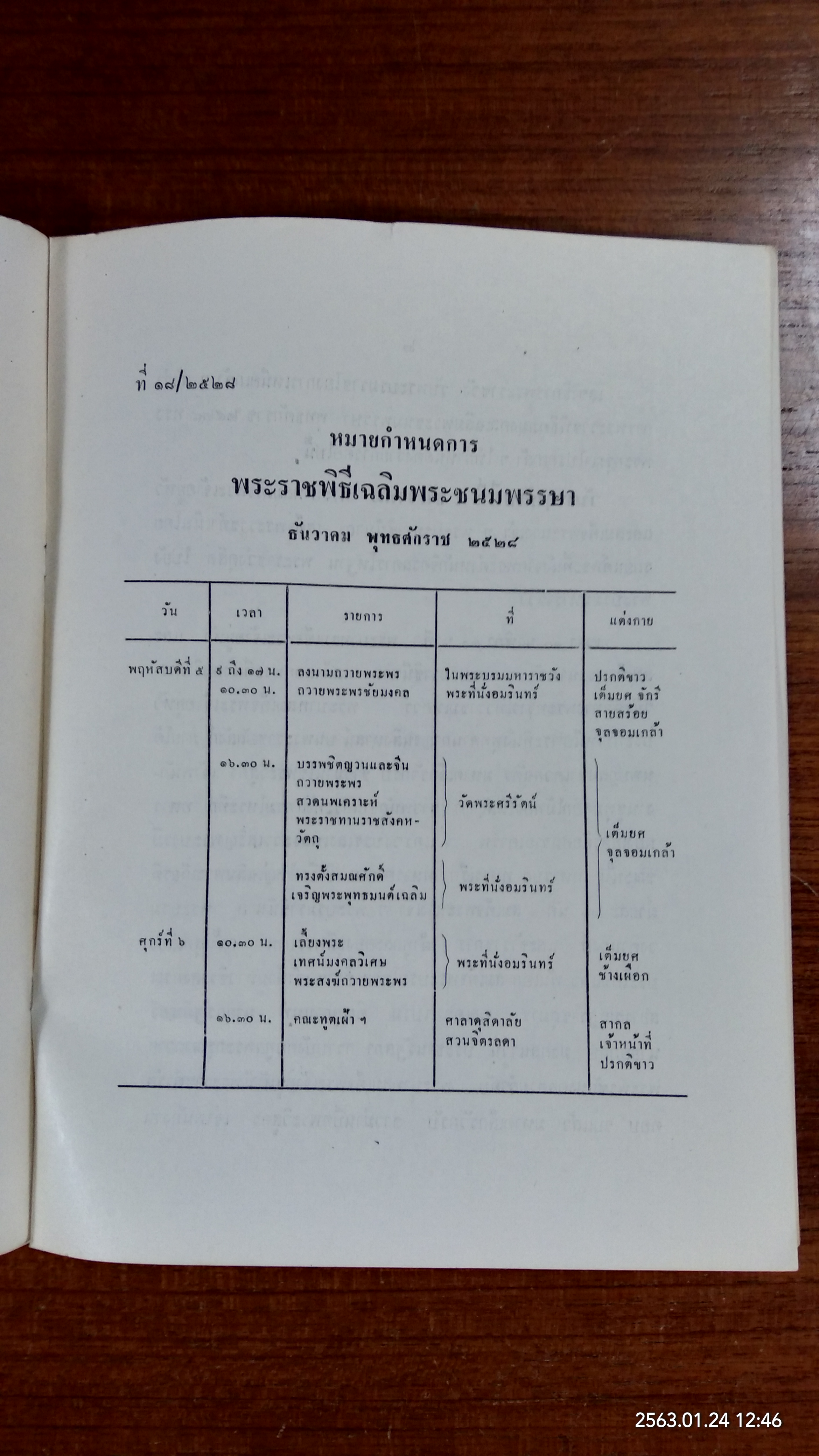 หมายกำหนดการ พระราชพิธีเฉลิมพระชนมพรรษา ธันวาคม พ.ศ. ๒๕๒๘ (มีตราห้องสมุด)