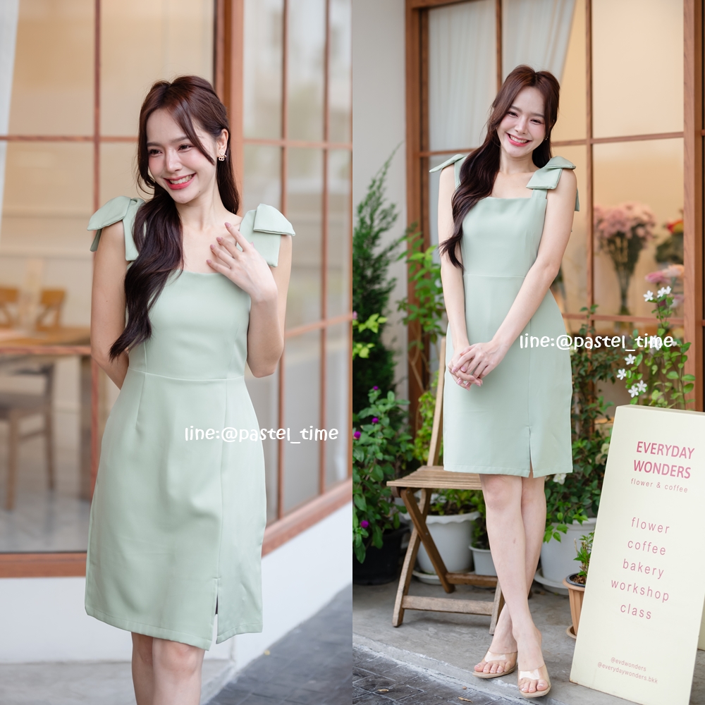 Maggie Double Bow Dress : สีเขียวมัทฉะ [Made by Pastel Time]