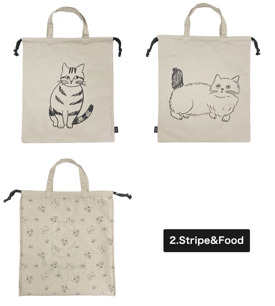 กระเป๋า Drawstring Tote Bag ลาย Stripe & Food สีเบจ ผลงานจากคุณ Miyuki Matsuo ศิลปินญี่ปุ่น ขนาด 29.5 x 34 ซม. หูยาว 26.5 ซม. เป็นผ้า cotton