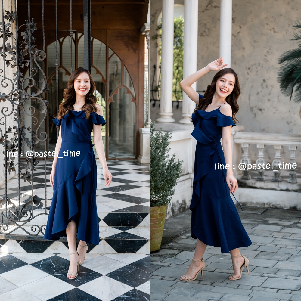 Nella Ruffle Shoulder Dress - สีกรม **มีแต่s**