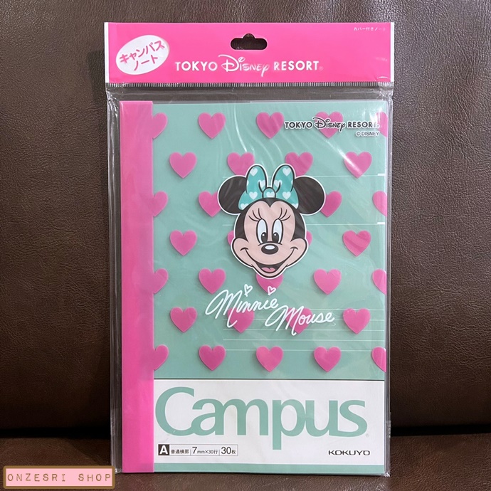 สมุดโน้ต Campus x Tokyo Disney Resort ลาย Minnie สีเขียวมินต์ มีปกพลาสติกลายมินนี่ด้านนอกเป็นลายหัวใจสีชมพูน่ารัก ขนาดสมุด 17.9 x 25.2 ซม. (B5) 30 แผ่น ด้านในมีเส้นบรรทัด