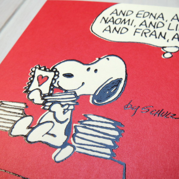 Snoopy Postcard from Hallmark Japan ลายนั่งอ่านจดหมายรัก หัวใจสีแดง