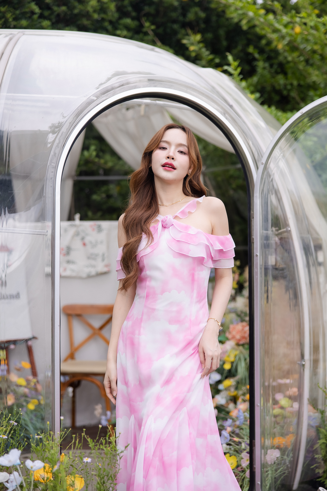 Pink Cloudy Off-Shoulder Maxi Dress ลายเมฆชมพู