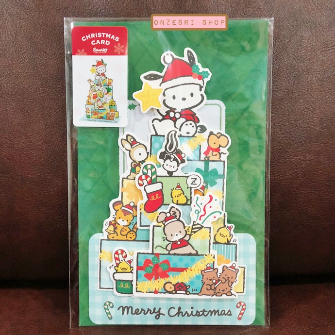 Sanrio Christmas Pop Up Card From Japan การ์ดอวยพรลาย Pochacco กางออกมาเป็นต้นคริสต์มาสได้น่ารัก ขนาด 18.8 x 13 x 7.2 ซม.
