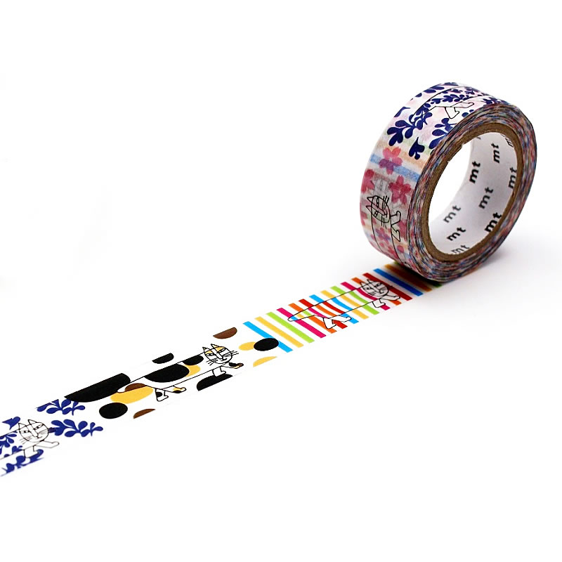 Masking Tape เทปตกแต่ง Lisa Larson จากญี่ปุ่น ลายตัวแมว Mikey แบบ Colorful ขนาด 1.5 x 7 ม.
