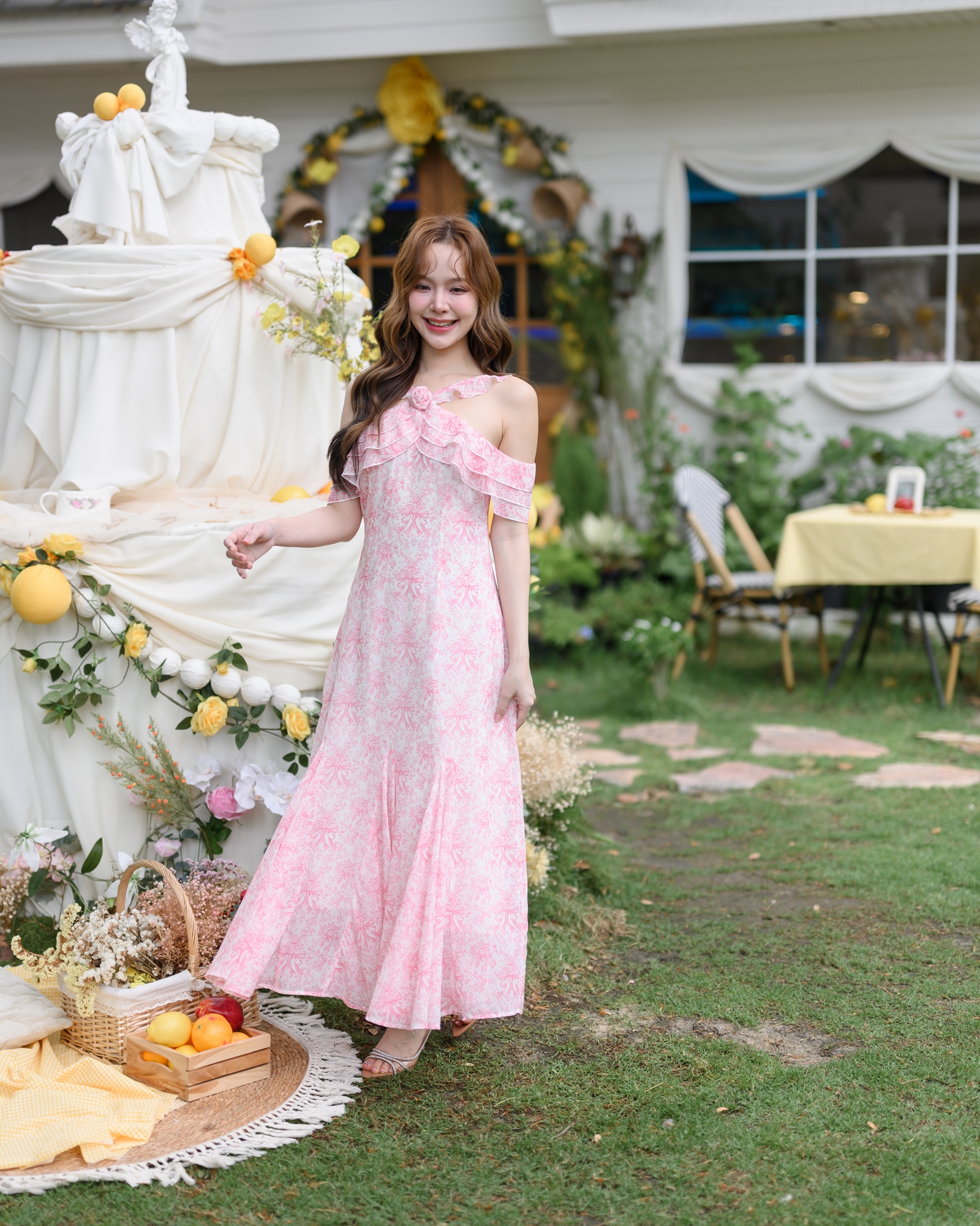 Pink Toile Bow Off-Shoulder Maxi Dress